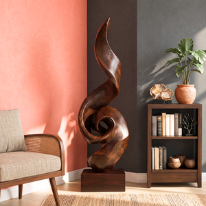 Tall Solid Wood Spiral Flame Sculpture with Plinth for Modern Interiors