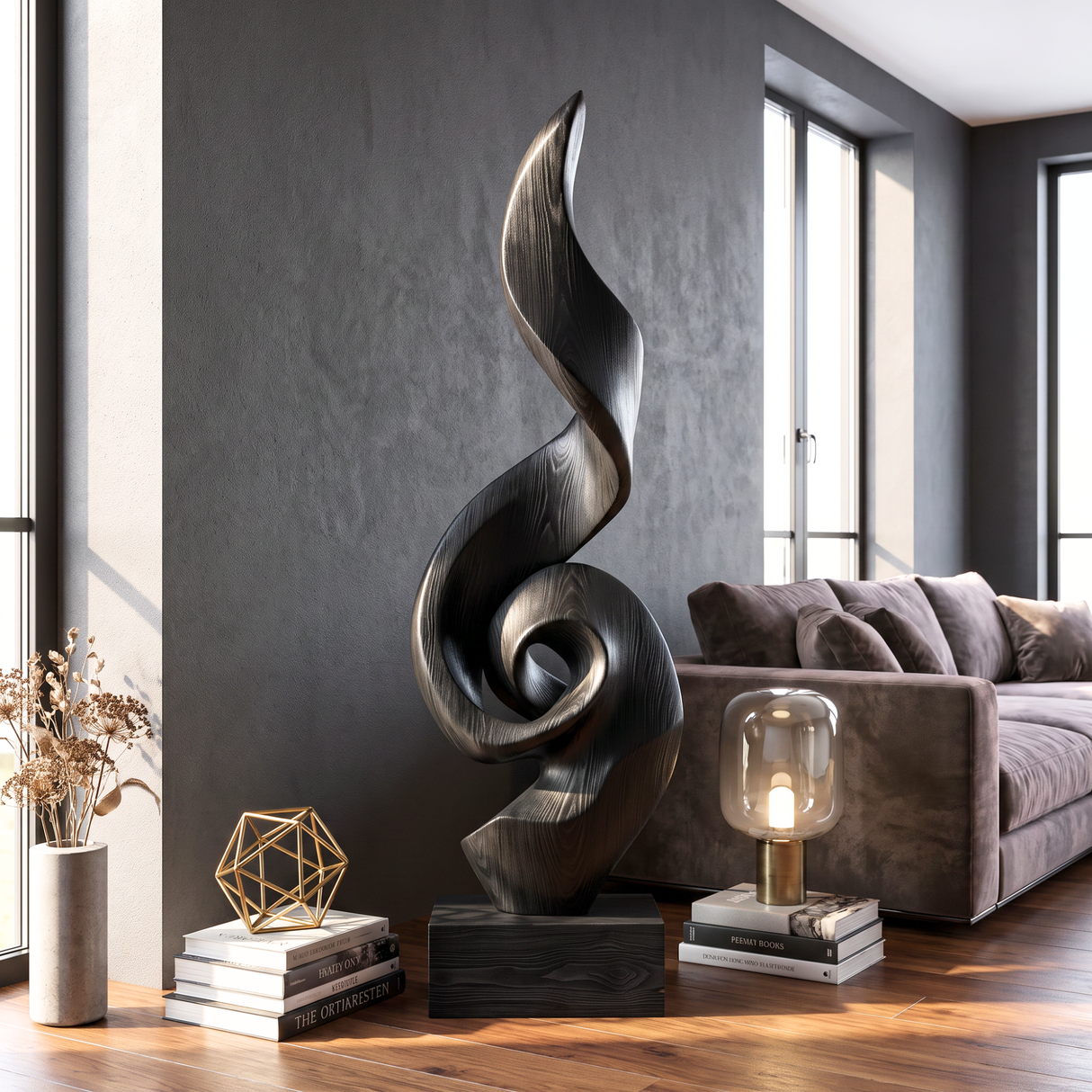 Tall Solid Wood Spiral Flame Sculpture with Plinth for Modern Interiors