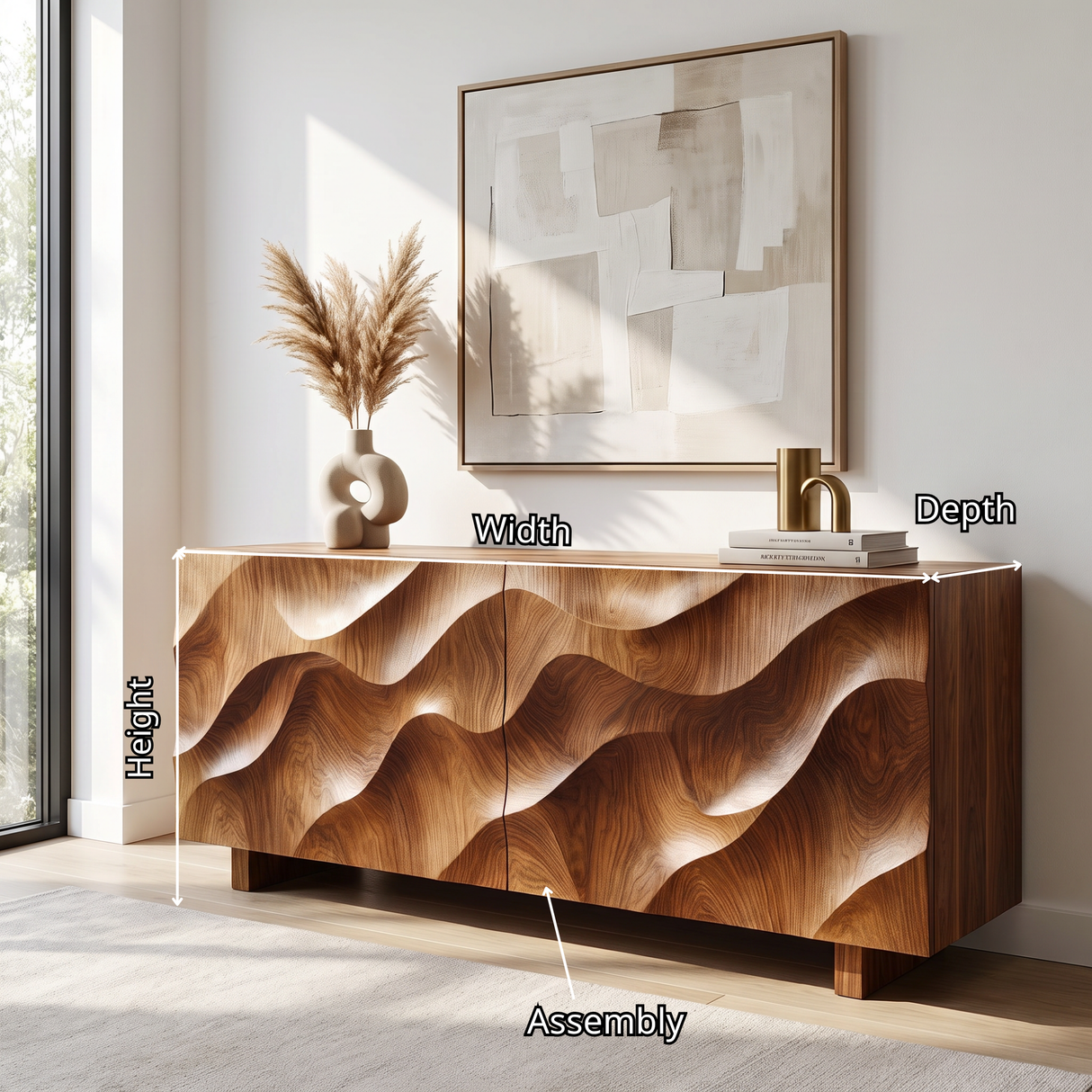 Sideboard Solid Wood with Sculptural Ripple Carved Front