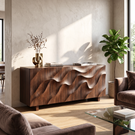 Sideboard Solid Wood with Sculptural Ripple Carved Front