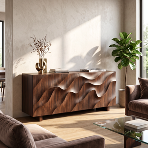 Sideboard Solid Wood with Sculptural Ripple Carved Front