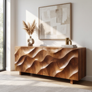 Sideboard Solid Wood with Sculptural Ripple Carved Front