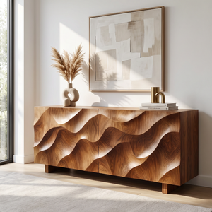 Sideboard Solid Wood with Sculptural Ripple Carved Front