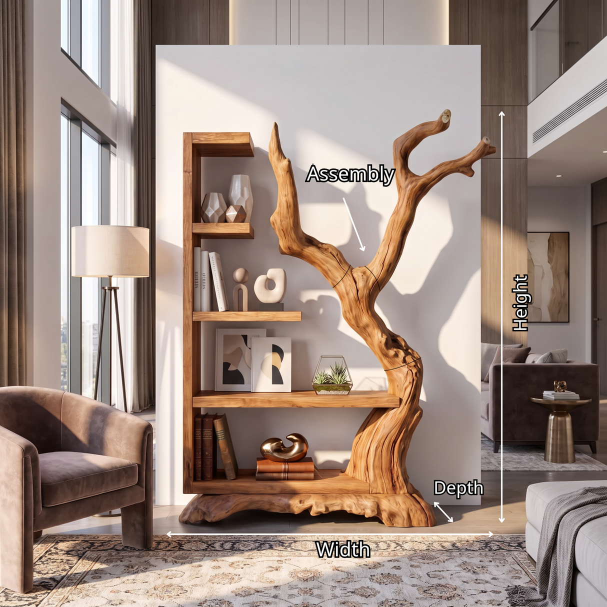 Tall Solid Wood Bookshelf with Sculptural Tree Form Organic Modern Display Shelf