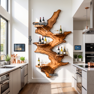 Wall Mounted Wine Rack Solid Wood with Sculptural Live Edge Slab and Floating Shelves