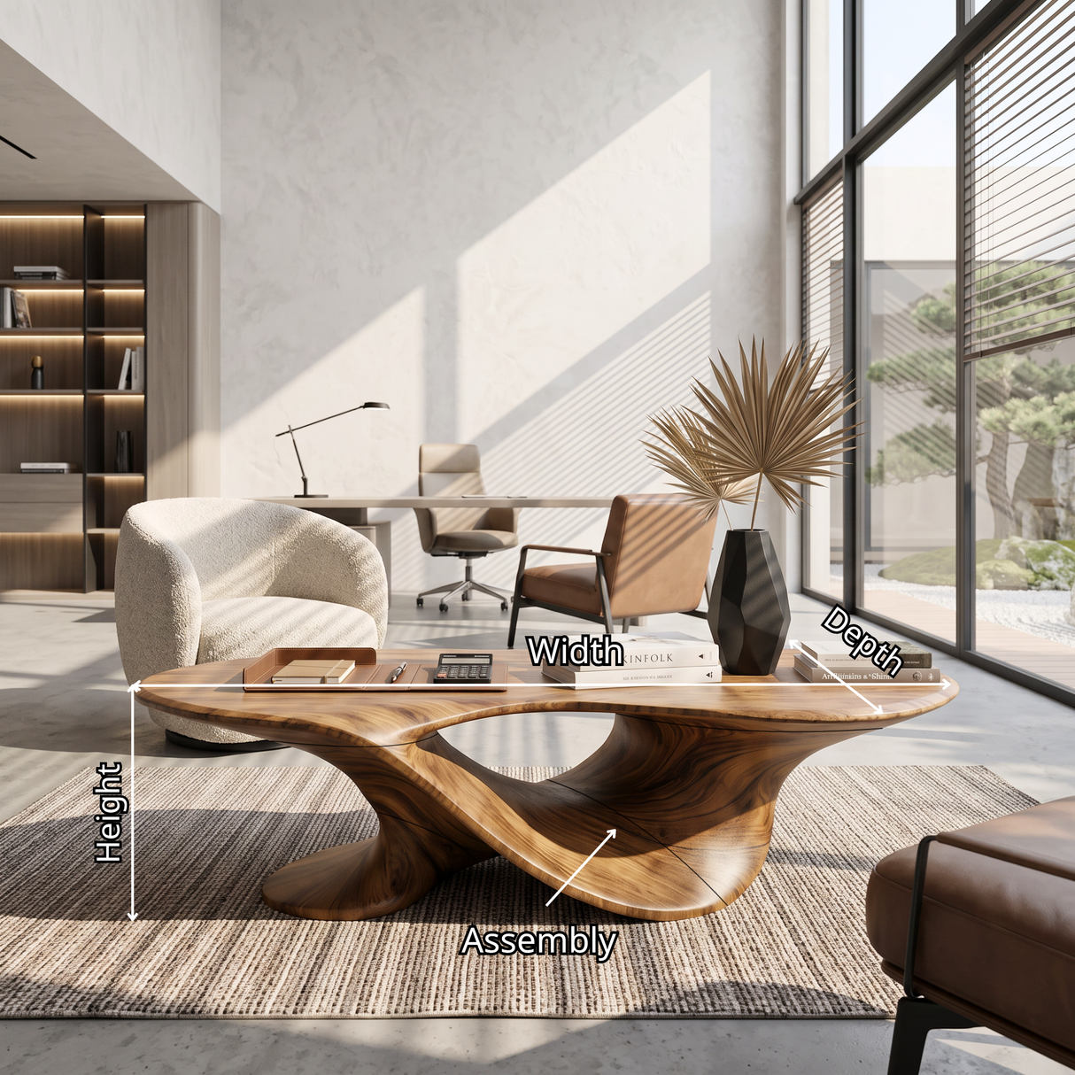 Coffee Table Solid Wood with Sculptural Flowing Arch Base for Living Room