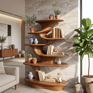 Cascade Form Wood Display Shelf with Sculpted Tiered Platforms