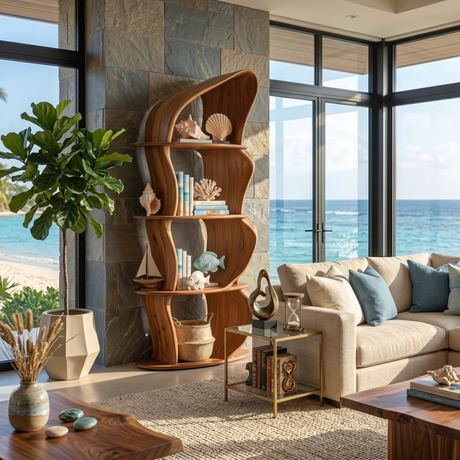 Solid Wood Sculptural Bookshelf with Asymmetrical Curves for Organic Modern Interiors