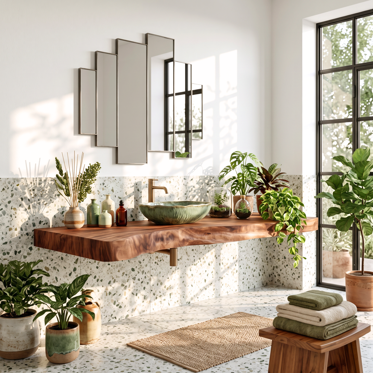Floating Solid Wood Bathroom Vanity Shelf with Natural Wavy Front Edge