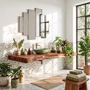 Floating Solid Wood Bathroom Vanity Shelf with Natural Wavy Front Edge