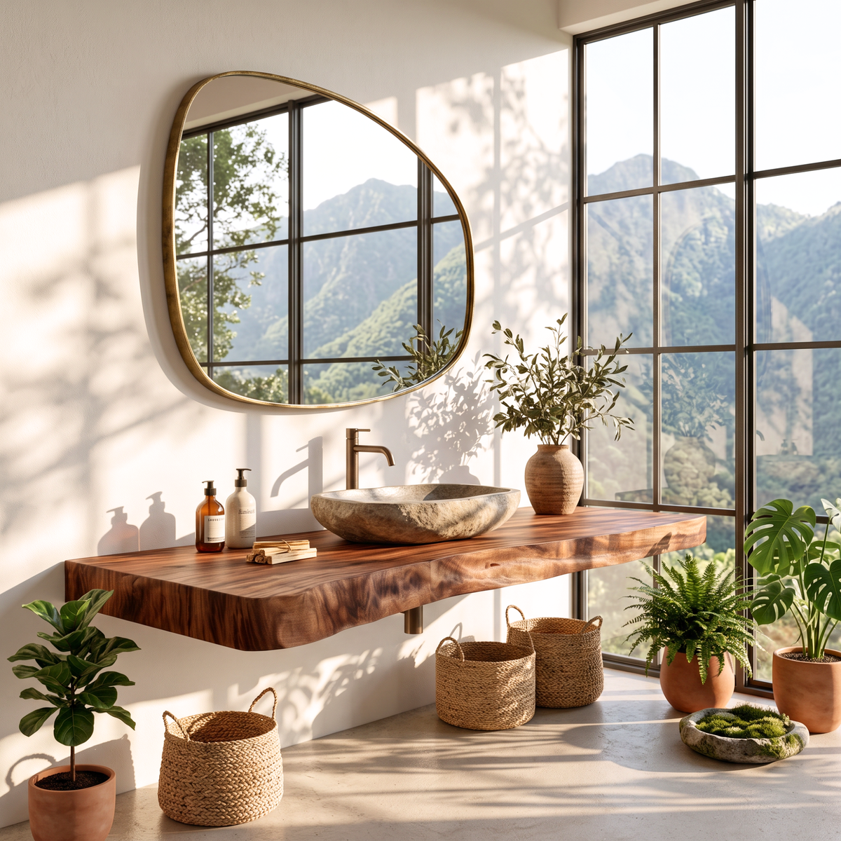 Floating Solid Wood Bathroom Vanity Shelf with Natural Wavy Front Edge