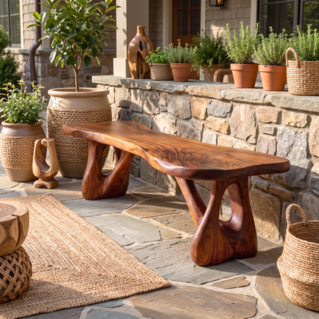 Bench Solid Wood with Sculptural Branch Base and Flowing Live Edge Seat