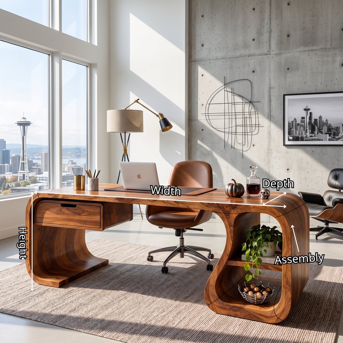 Sculptural Solid Wood Desk With Drawer And Open Shelf For Home Office