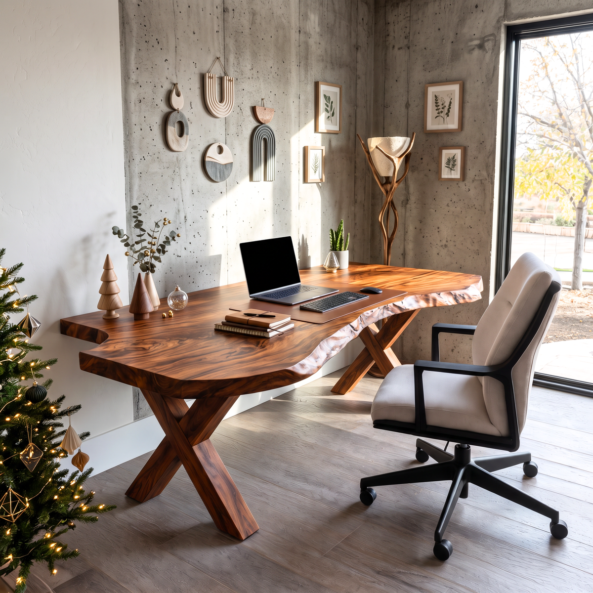 Live Edge Solid Wood Desk With X-Frame Base For Home Office