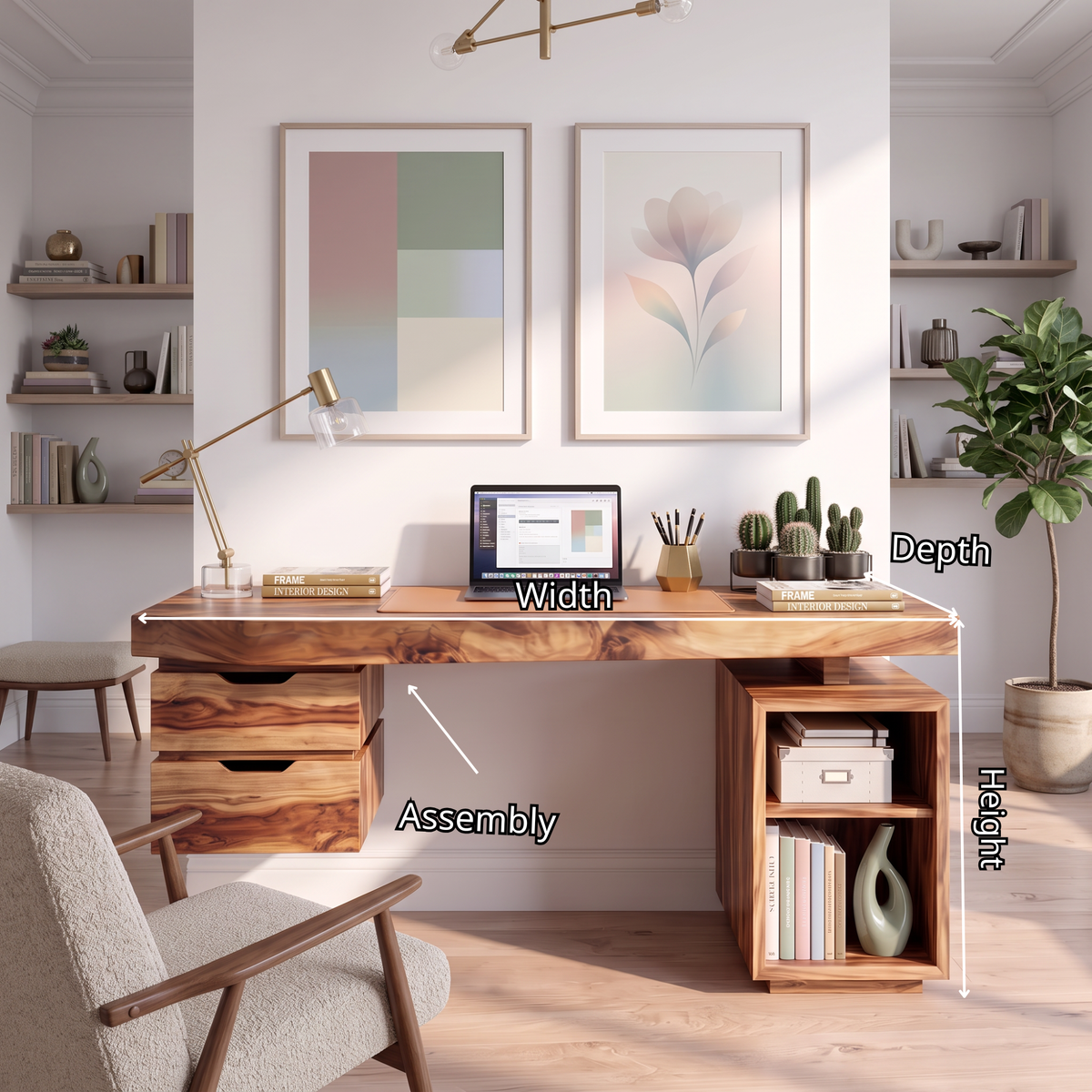 Contemporary Solid Wood Desk With 2 Drawers And Open Shelf For Home Office