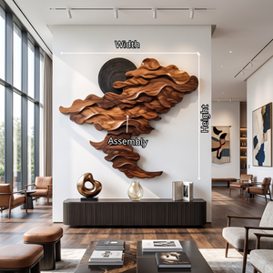 Wall Sculpture Solid Wood with Layered Flowing Wave Design and Black Sun Accent