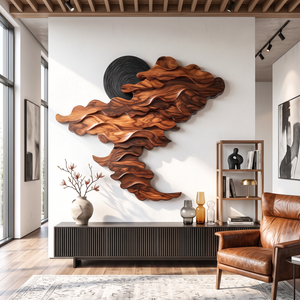 Wall Sculpture Solid Wood with Layered Flowing Wave Design and Black Sun Accent