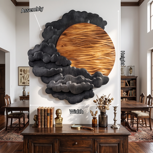 Sculptural Wall Art with Layered Black Clouds and Oversized Natural Wood Sun
