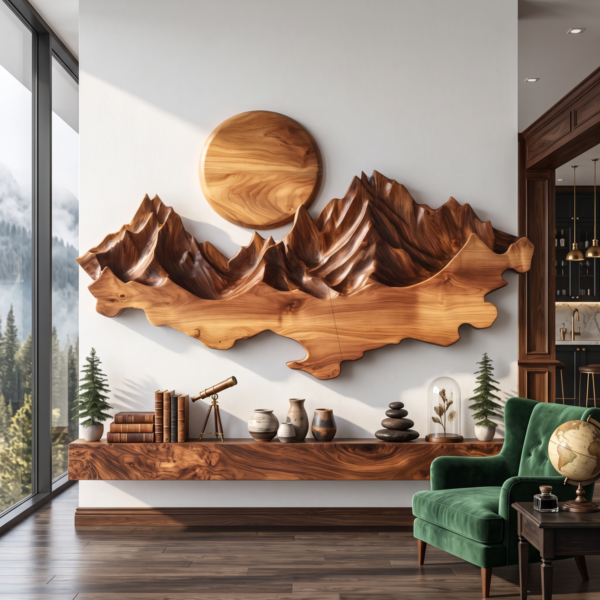 Wall Sculpture Solid Wood with Layered Mountain Landscape and Rising Sun Design