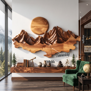 Wall Sculpture Solid Wood with Layered Mountain Landscape and Rising Sun Design