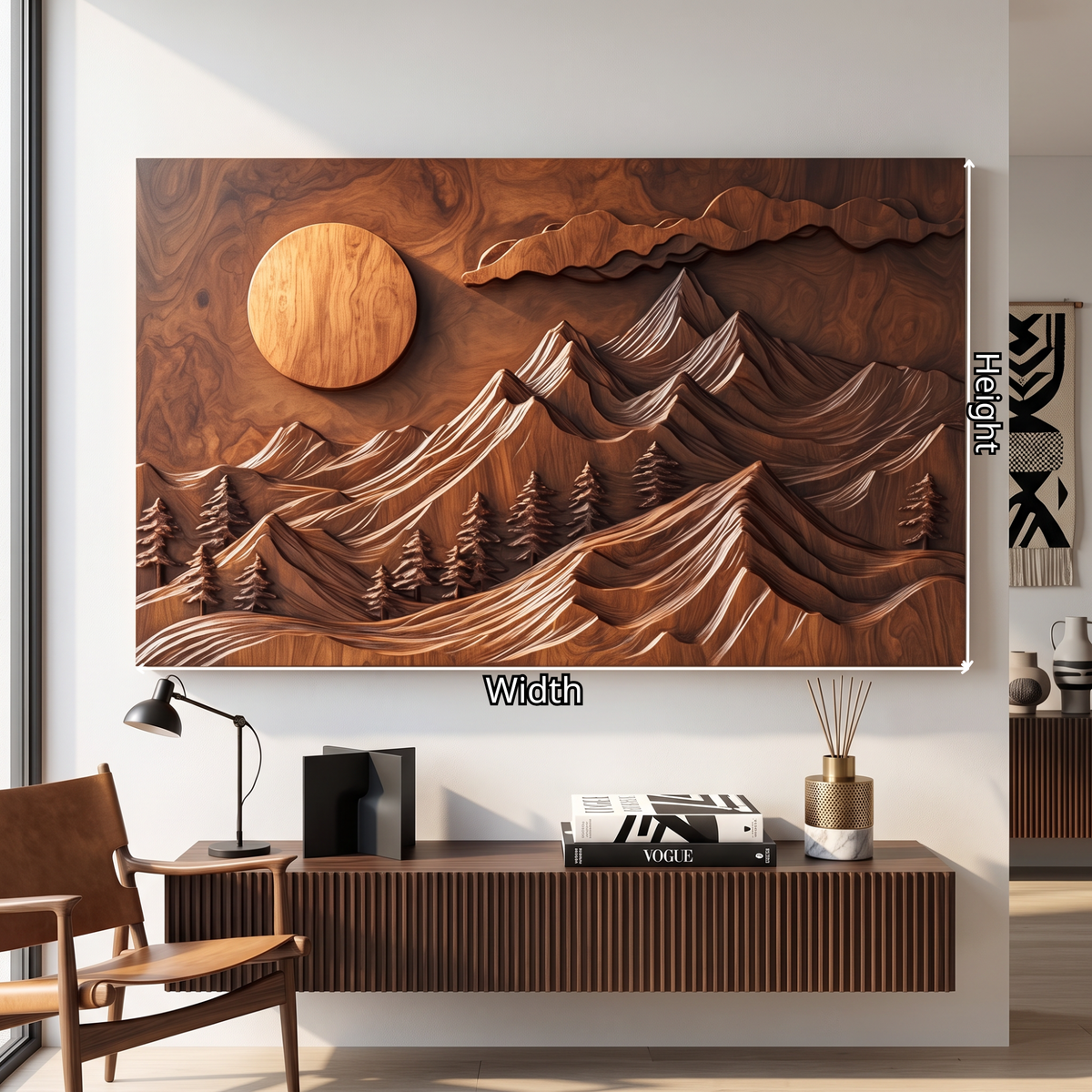 Wall Sculpture Mountain Forest with Rising Sun and Layered Peaks