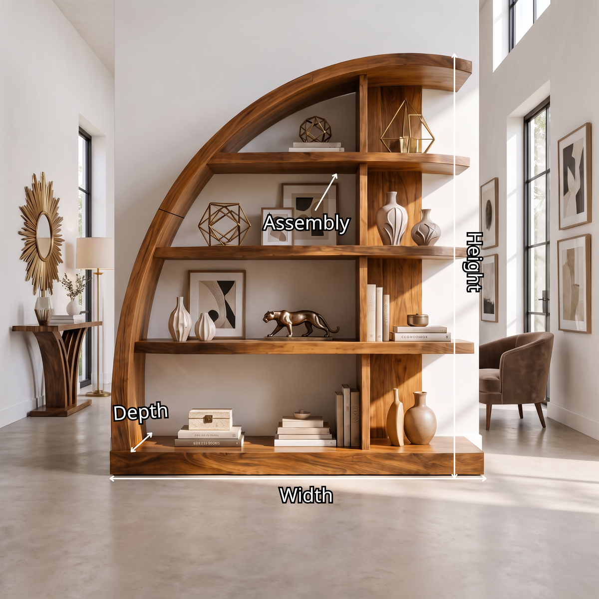 Sculptural Solid Wood Bookshelf with Curved Arch Frame and Open Display Shelves