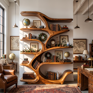 Organic Solid Wood Bookshelf with Tree Branch Inspired Sculptural Shelves