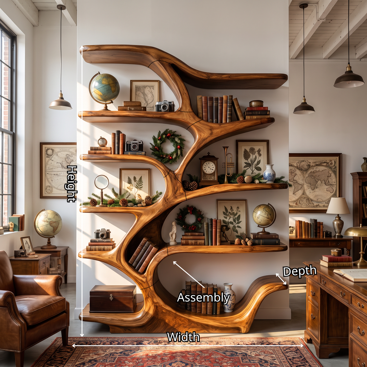 Organic Solid Wood Bookshelf with Tree Branch Inspired Sculptural Shelves