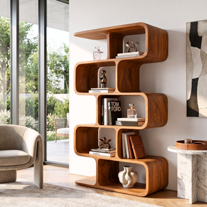 Organic Solid Wood Bookshelf with Staggered Rounded Compartments