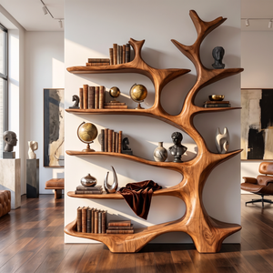 Nature Inspired Solid Wood Bookcase with Freeform Tree Shelving