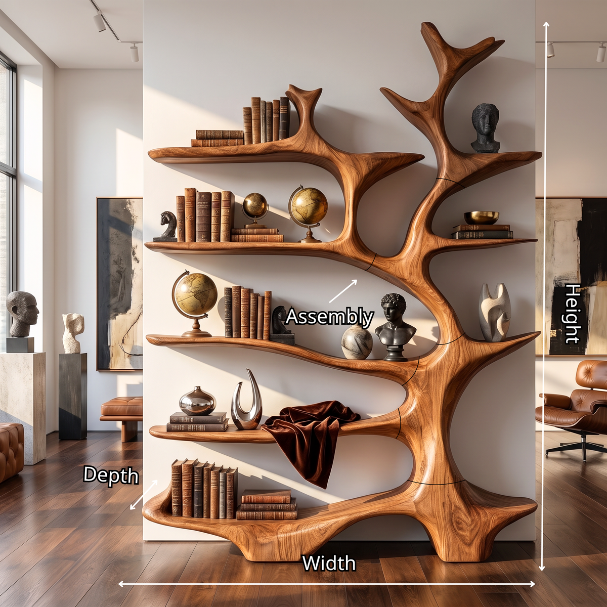 Nature Inspired Solid Wood Bookcase with Freeform Tree Shelving