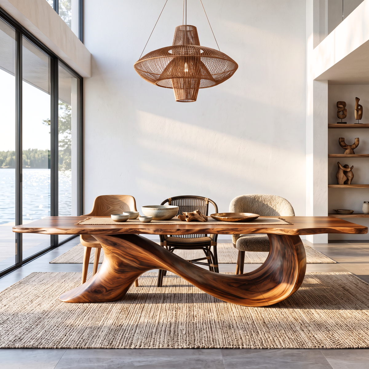 Dining Table with Sculptural Wave Base and Organic Solid Wood Top