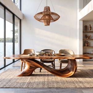 Dining Table with Sculptural Wave Base and Organic Solid Wood Top
