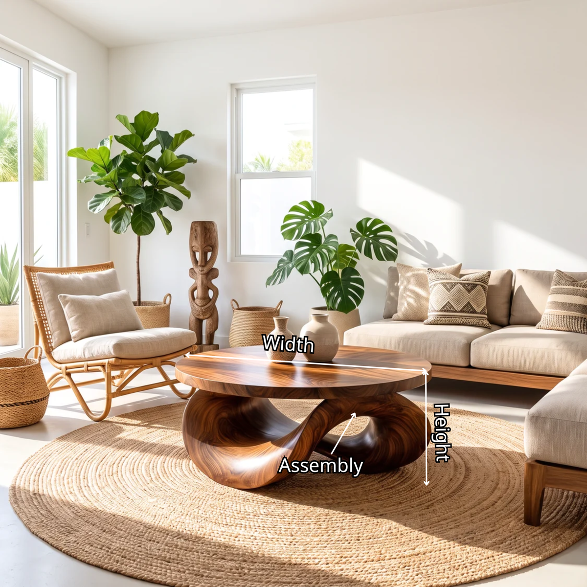 Coffee Table Solid Wood with Sculptural Intertwined Loop Base