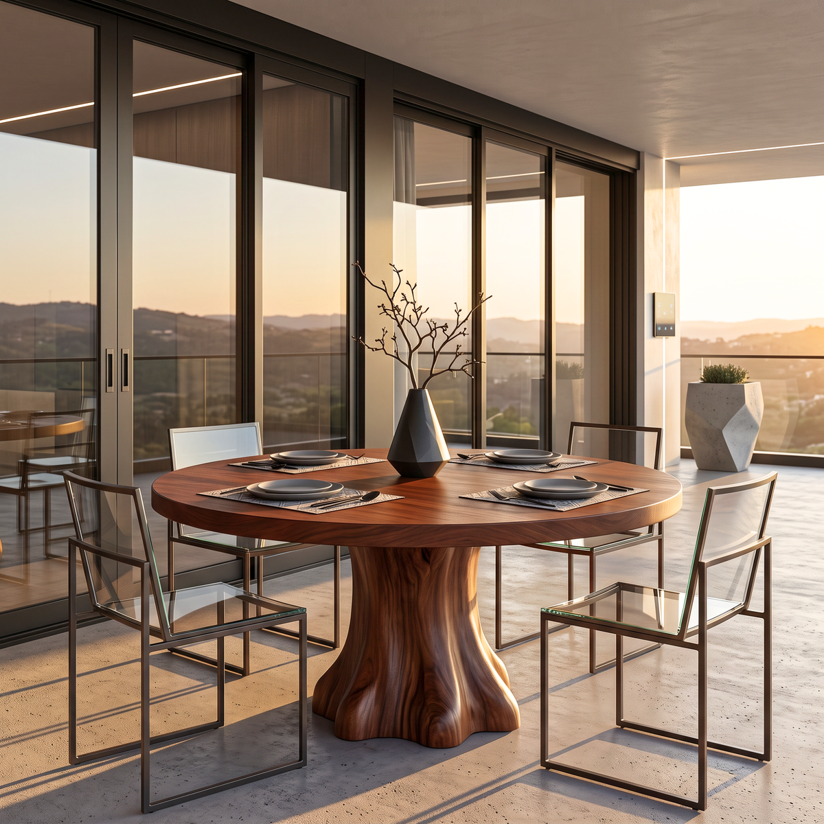Dining Table with Flared Pedestal Base and Round Solid Wood Top