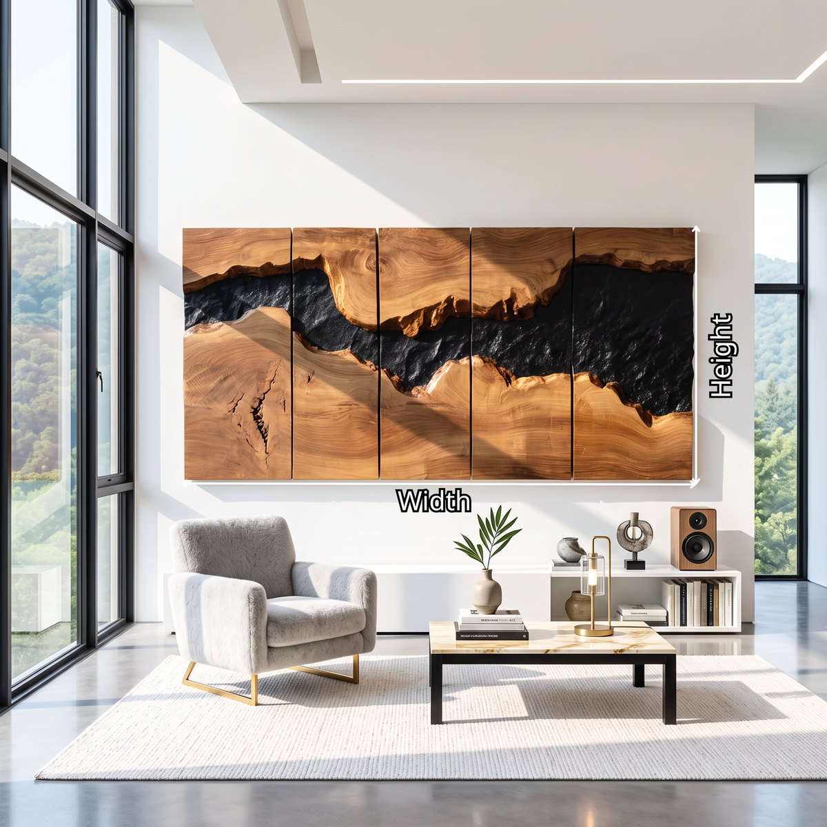 Large Solid Wood River Horizon Panel Wall Sculpture for Modern Living Rooms