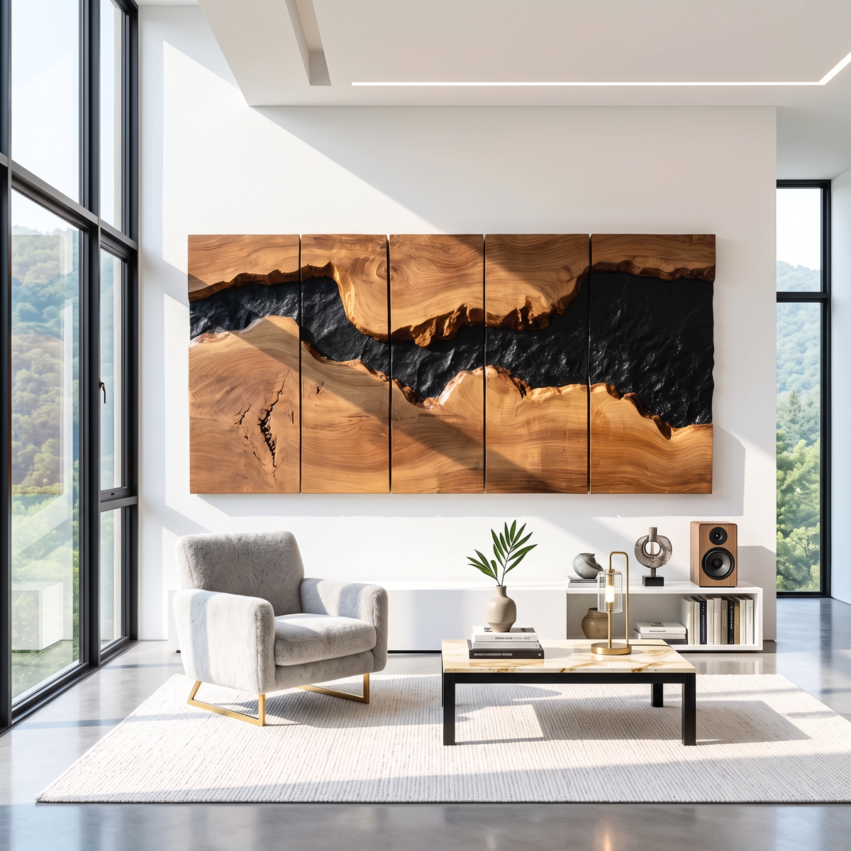 Large Solid Wood River Horizon Panel Wall Sculpture for Modern Living Rooms