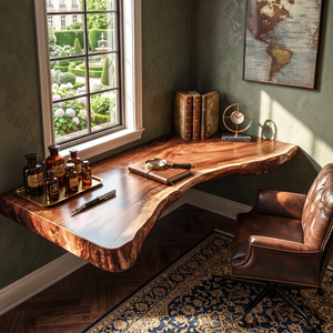 Floating Solid Wood Corner Desk with Curved Live Edge and Natural Slab Design