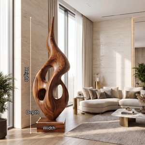 Tall Openwork Solid Wood Flame Sculpture with Plinth for Modern Living Rooms