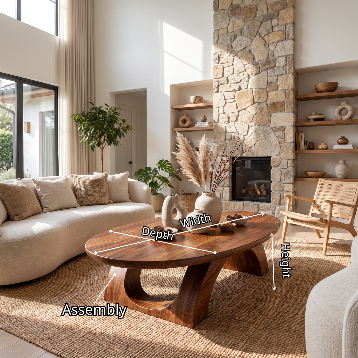Coffee Table Solid Wood with Sculptural Twin Arch Base