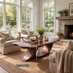 Coffee Table Solid Wood with Sculptural Ribbon Base for Living Room
