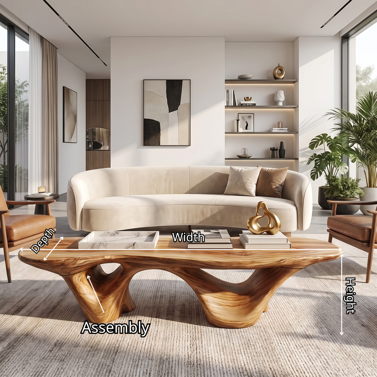 Coffee Table Solid Wood with Triple Hollow Sculptural Base for Living Room