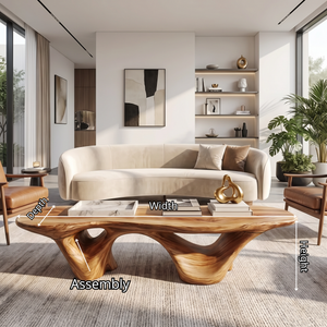 Coffee Table Solid Wood with Triple Hollow Sculptural Base for Living Room