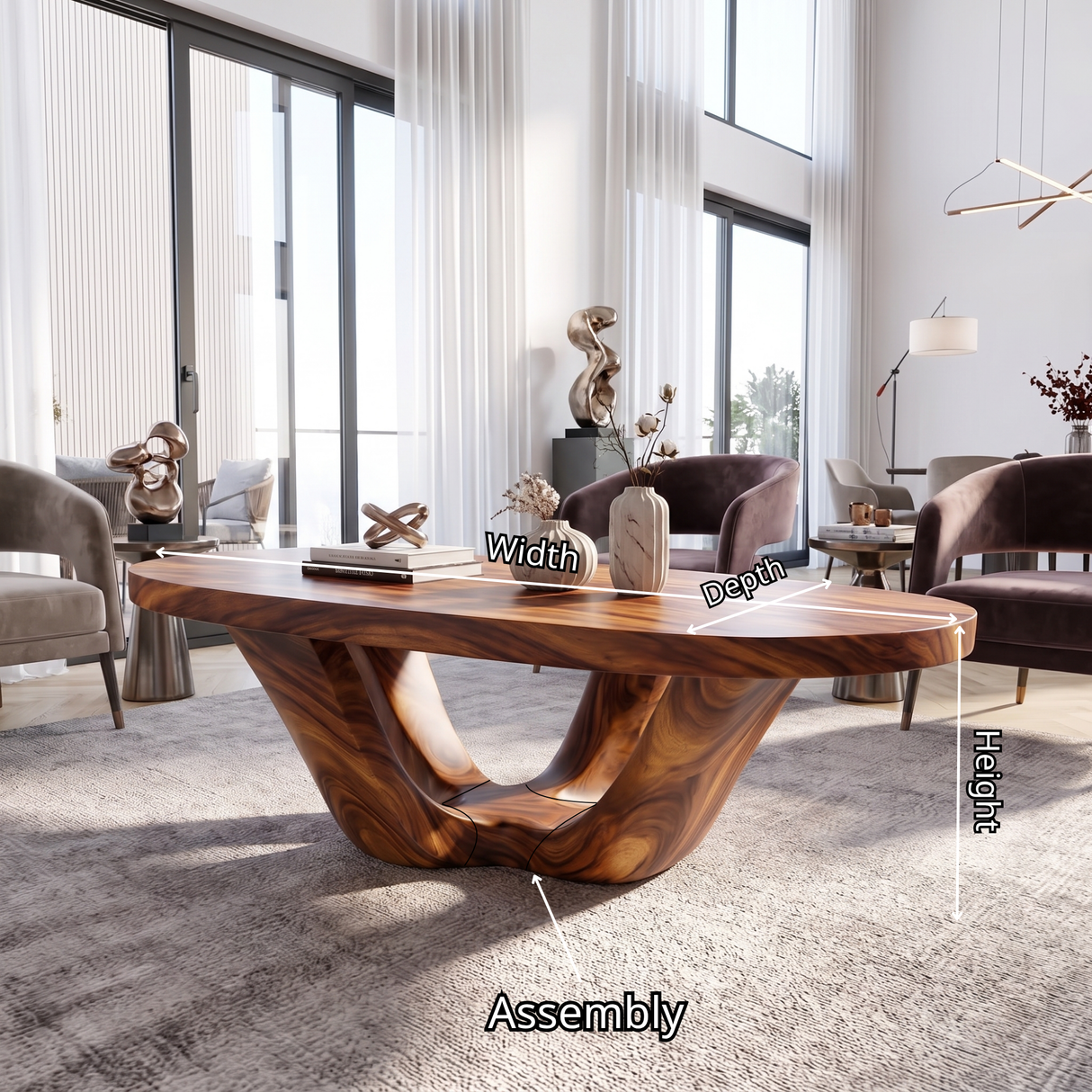 Coffee Table Solid Wood with Sculptural Double U Loop Base