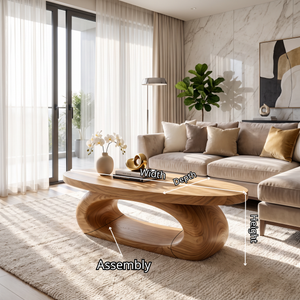 Coffee Table Solid Wood with Sculptural Oval Loop Base for Living Room