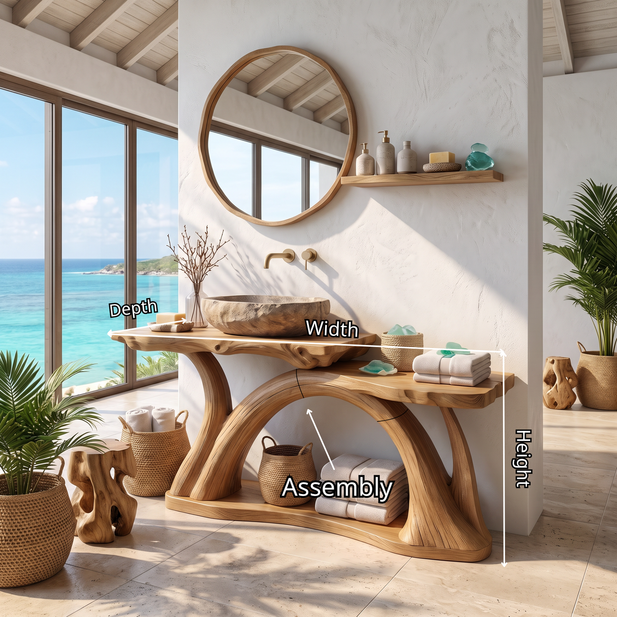 Bathroom Vanity Solid Wood with Sculptural Arch Base and Open Shelf Storage