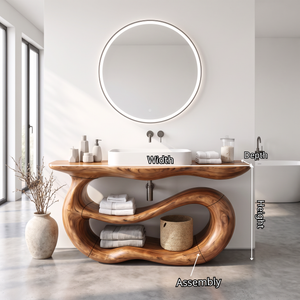 Bathroom Vanity Solid Wood with Sculptural Double Loop Base and Open Shelf Storage