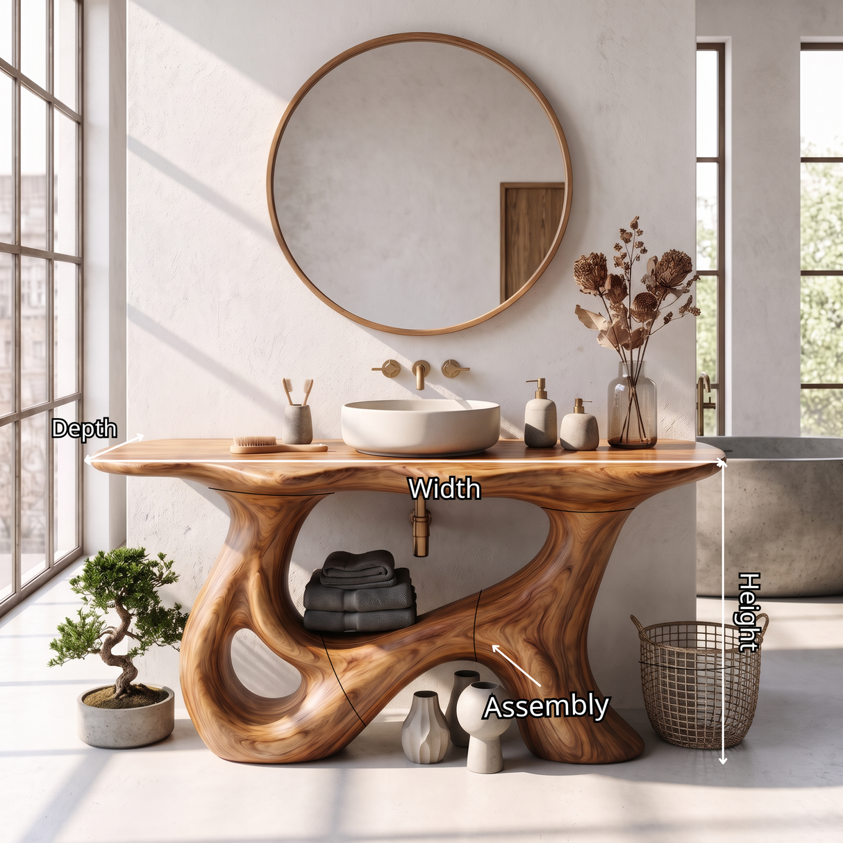 Bathroom Vanity Solid Wood with Sculptural Open Loop Base
