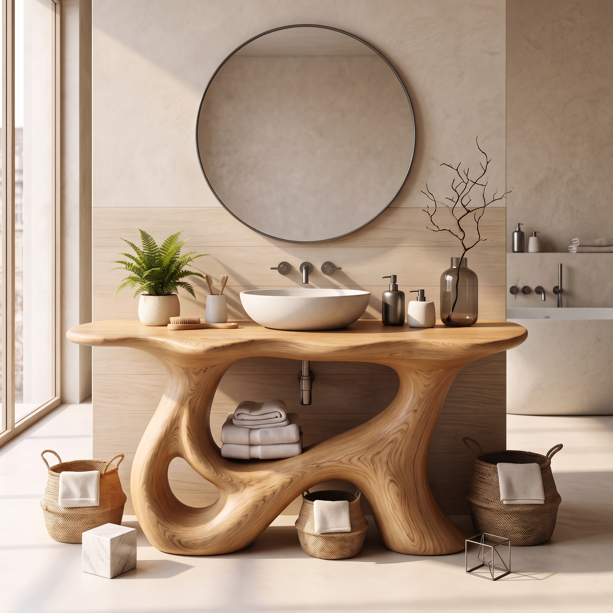 Bathroom Vanity Solid Wood with Sculptural Open Loop Base