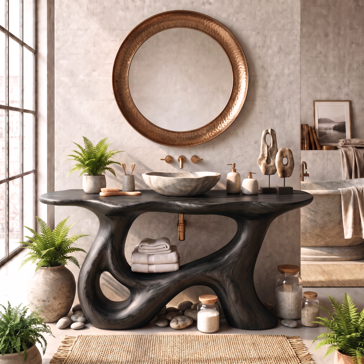 Bathroom Vanity Solid Wood with Sculptural Open Loop Base